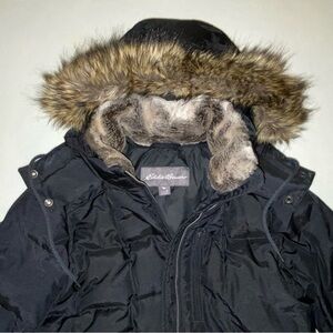 Eddie Bauer Classic Black Winter Coat Goose Down with Faux Fur Trim Medium